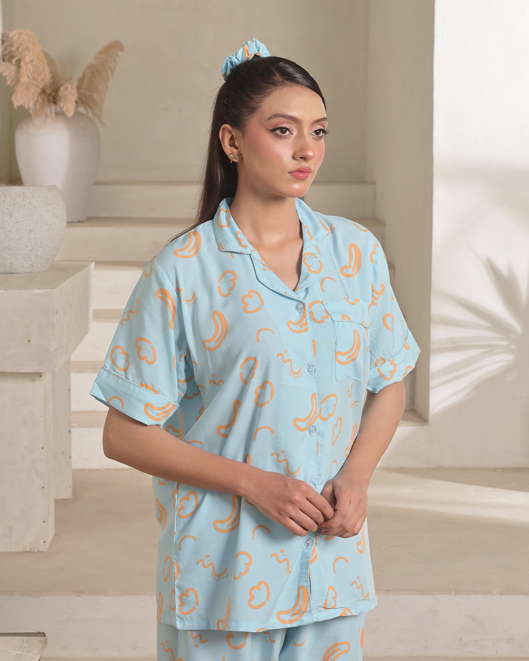 Linen Pajama Suit with Scrunchie - Sky Drizzle
