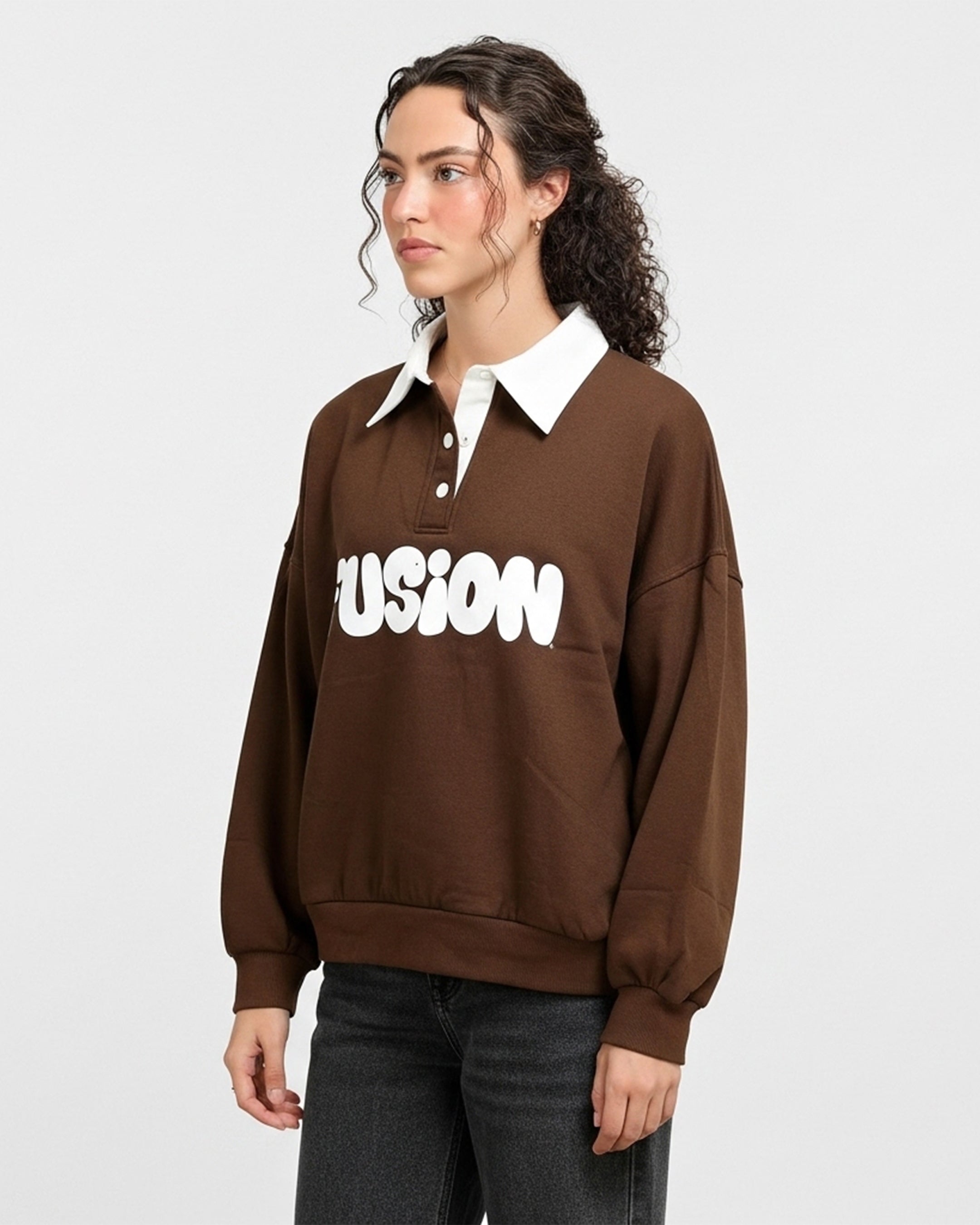 Fleece Polo Style Sweatshirt - FUSION - Brown
