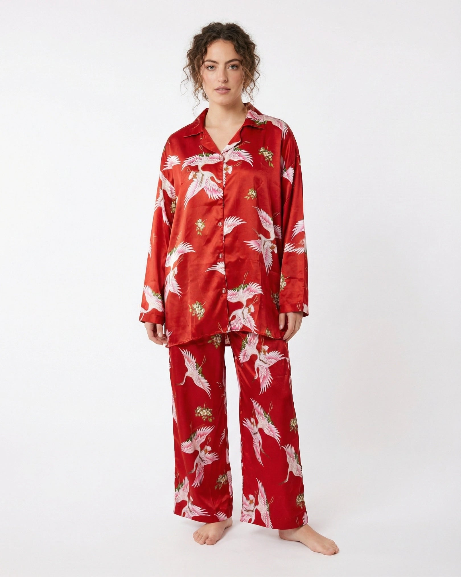 Oversized Silk Pajama Suit - Flamingo - Red