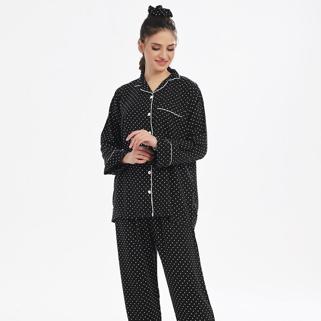 Sajiero White Polka Dots Linen Pajama Suit with Scrunchie