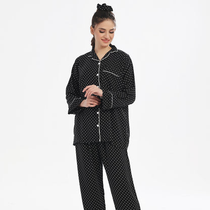 Sajiero White Polka Dots Linen Pajama Suit with Scrunchie