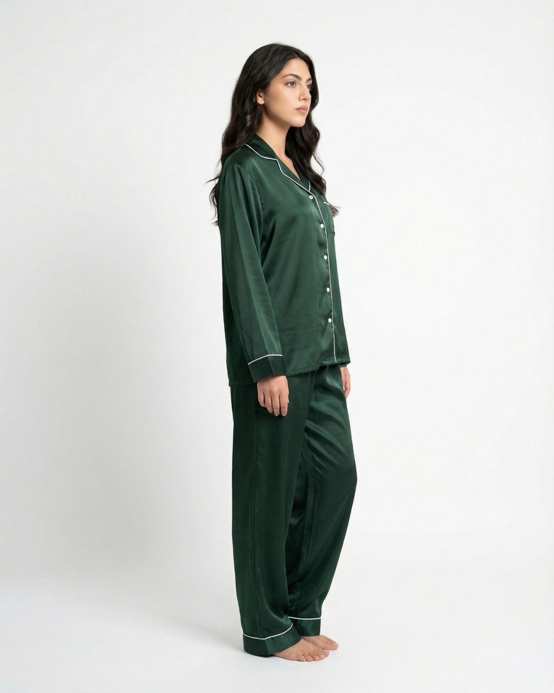 Satin Silk Pajama Suit - Noir - Dark Green