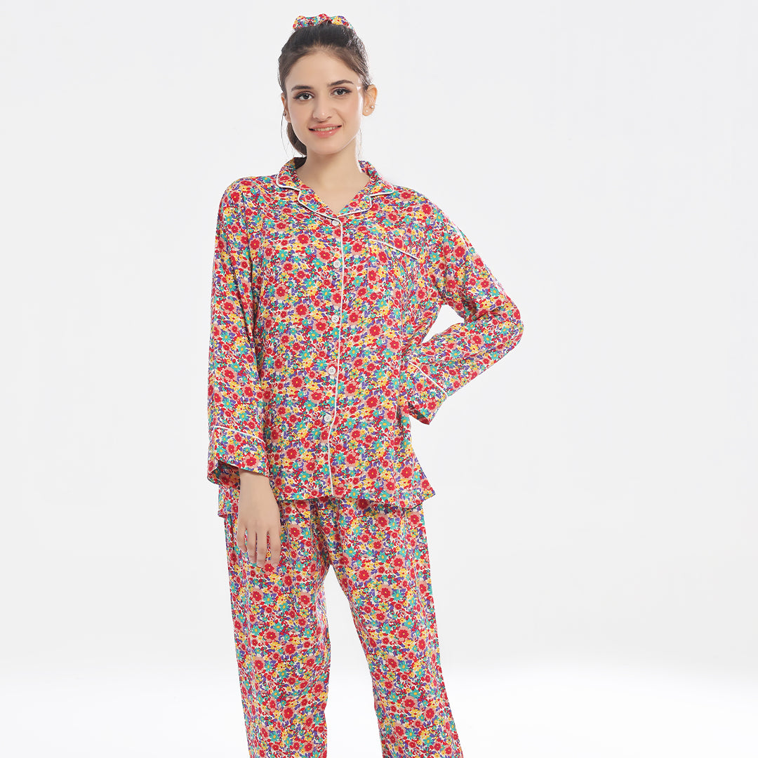 Linen Pajama Suit with Scrunchie - Chic Bloom