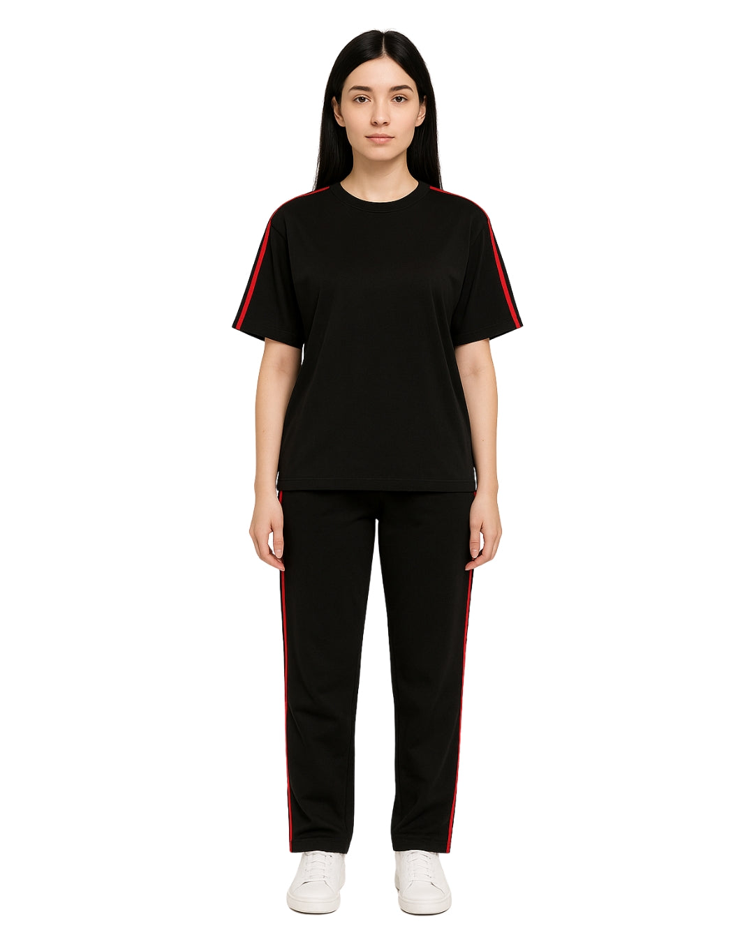 Person wearing a black outfit with red stripes on a white background