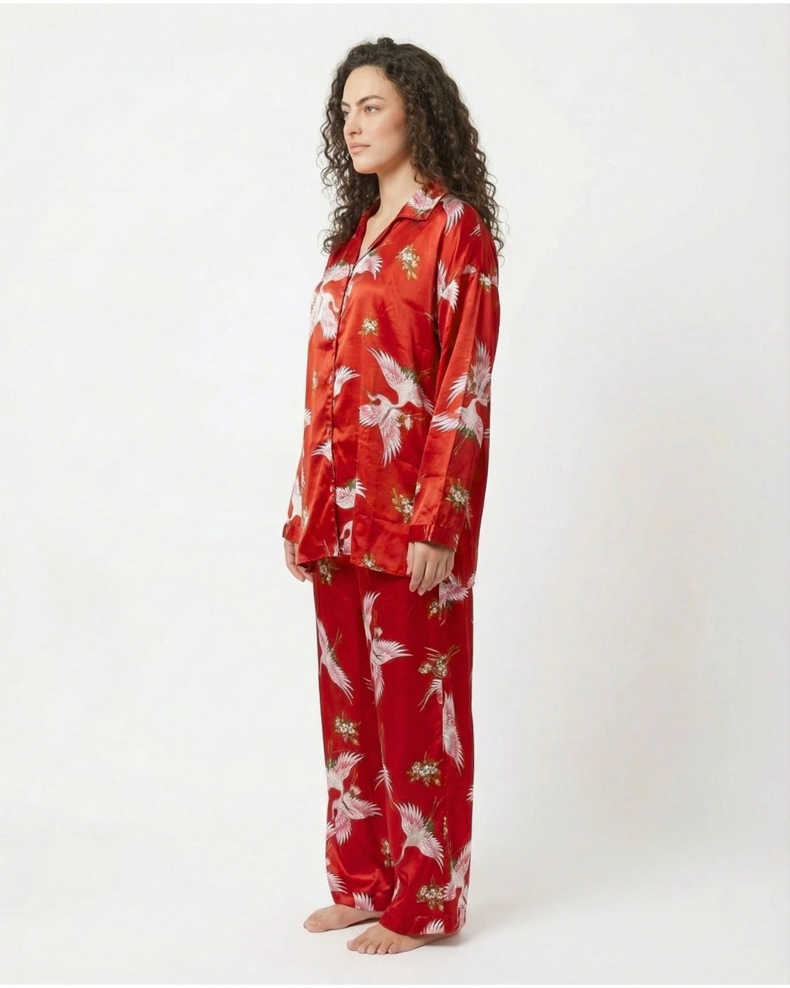 Oversized Silk Pajama Suit - Flamingo - Red