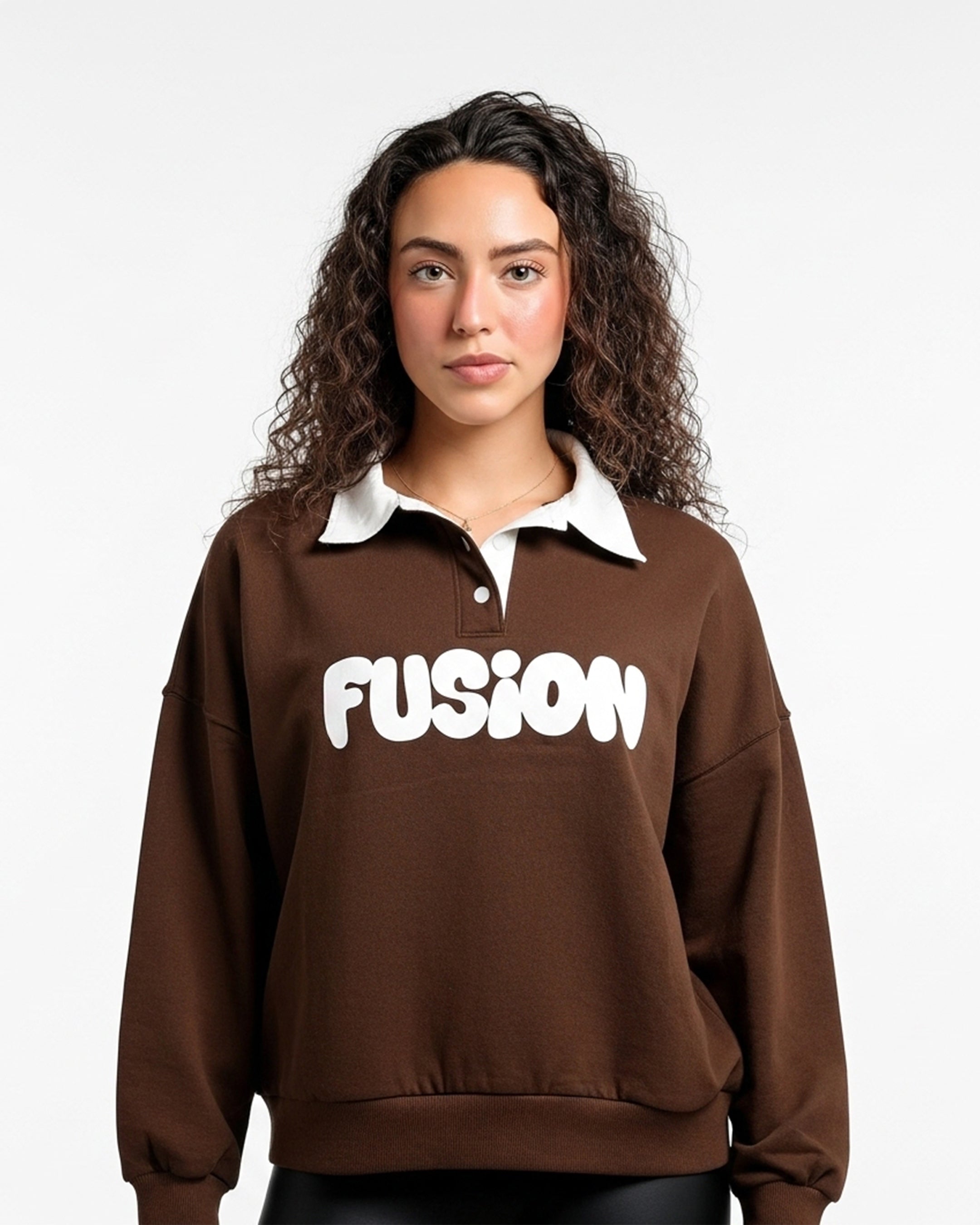 Fleece Polo Style Sweatshirt - FUSION - Brown