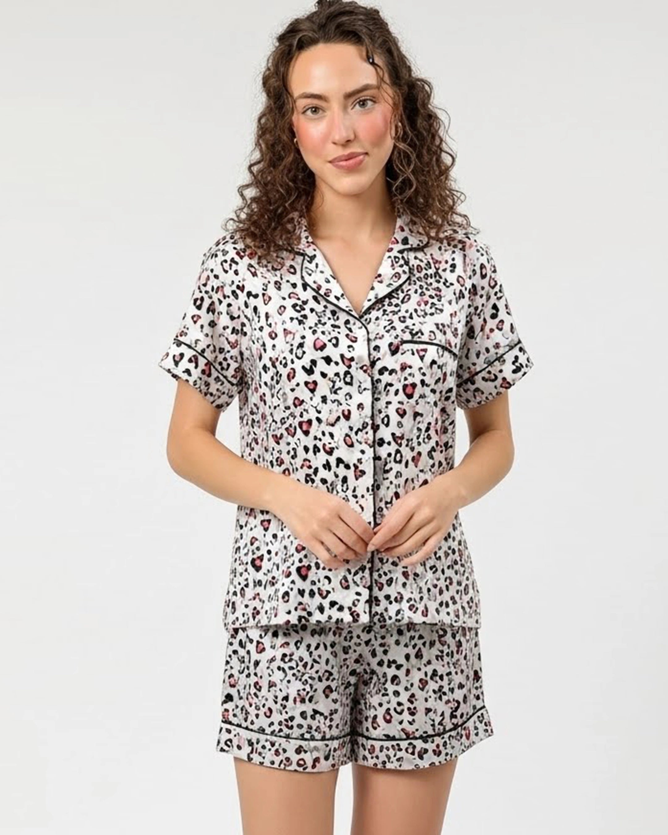 Silk PJ Set with Scrunchies - Snow Leopard