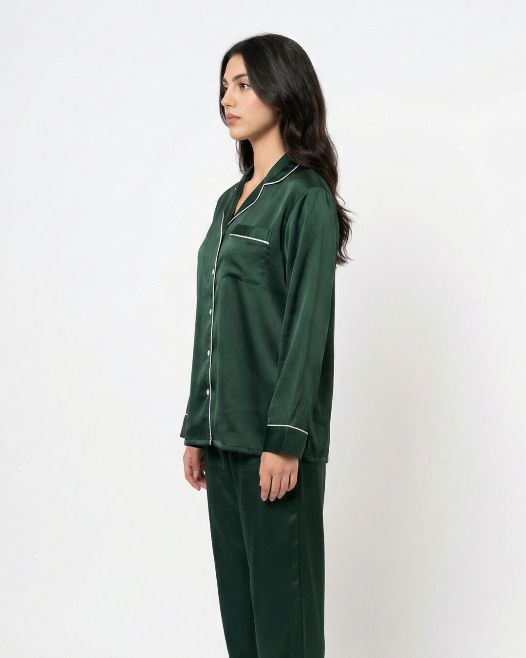Satin Silk Pajama Suit - Noir - Dark Green