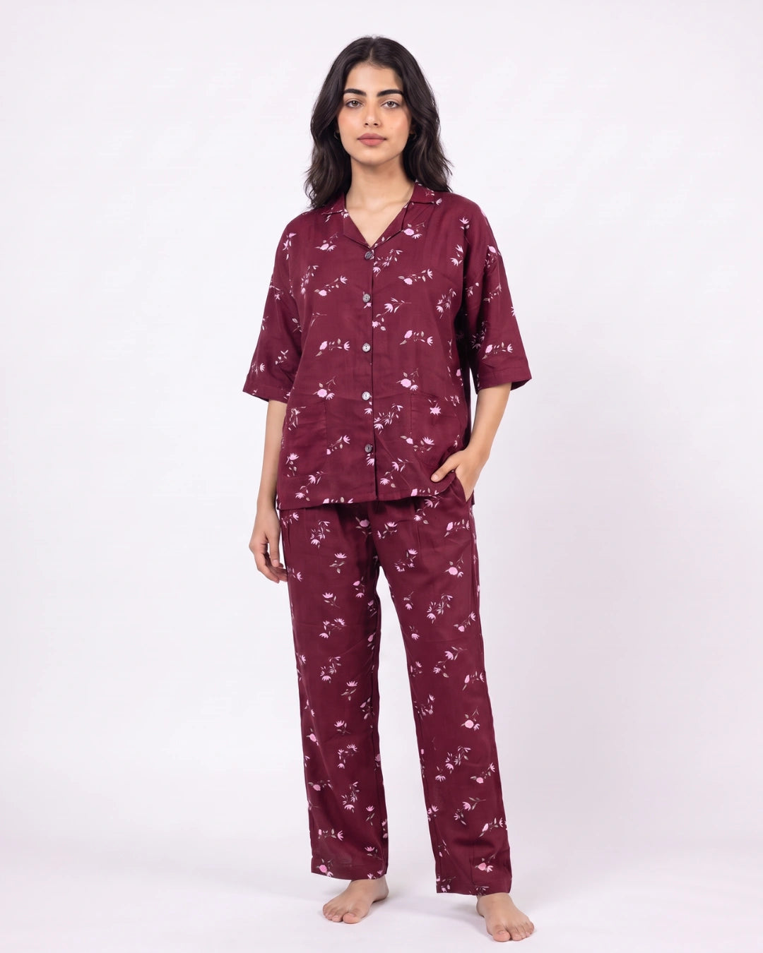 Linen Oversized PJ Set - Floral Breeze - Maroon