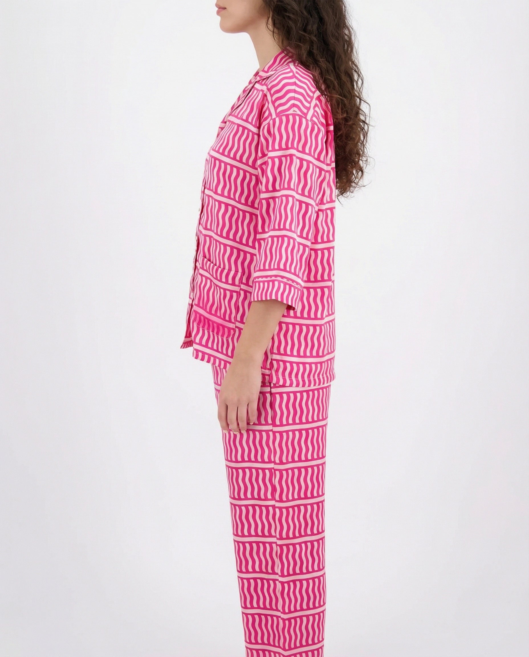 Drop Shoulder Silk Pajama Suit - Pink Wave