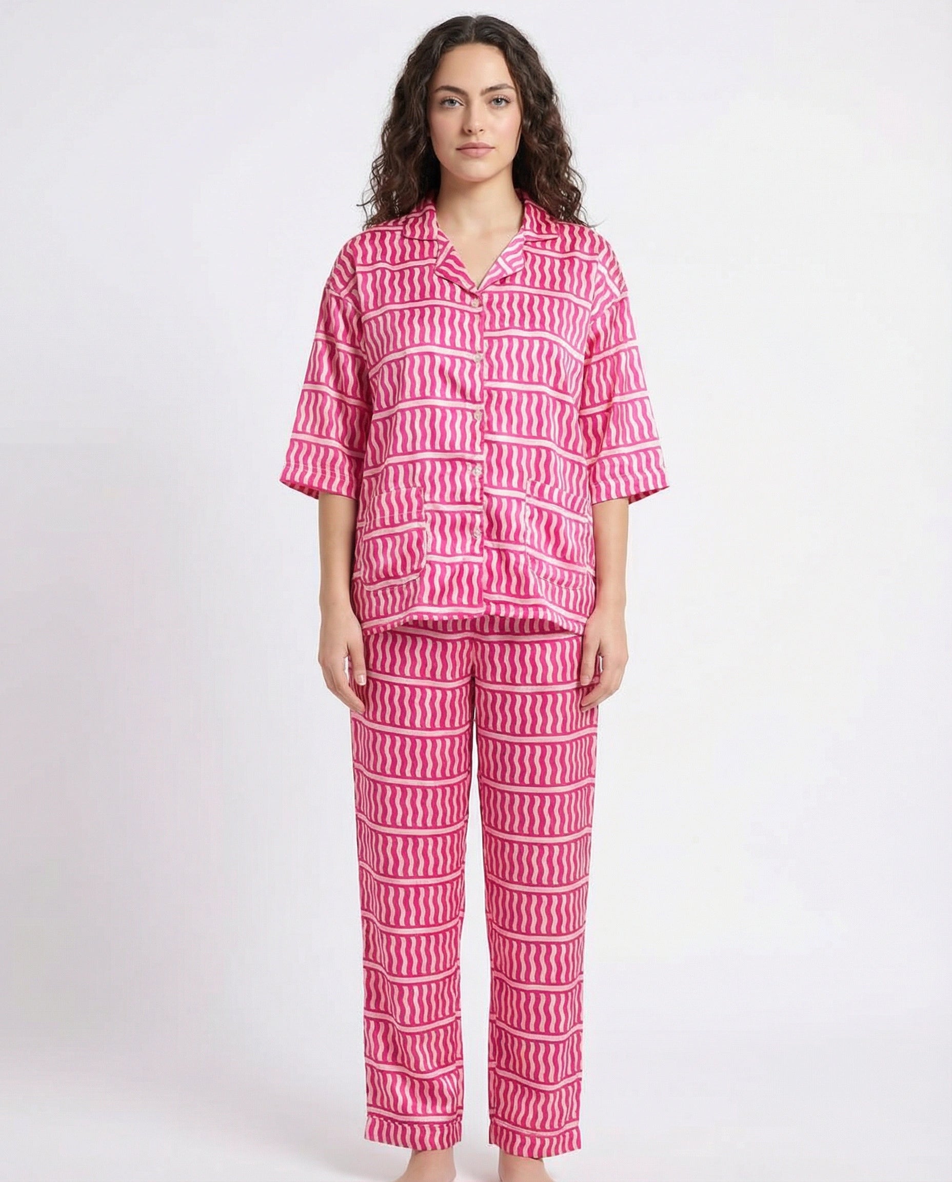 Drop Shoulder Silk Pajama Suit - Pink Wave