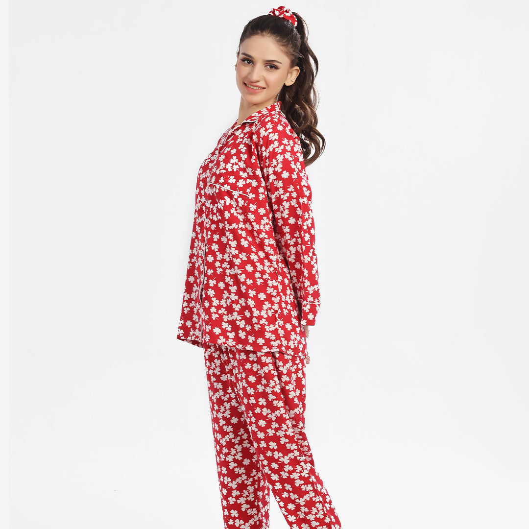 Sajiero Autumn Red Linen Pajama Suit with Scrunchie