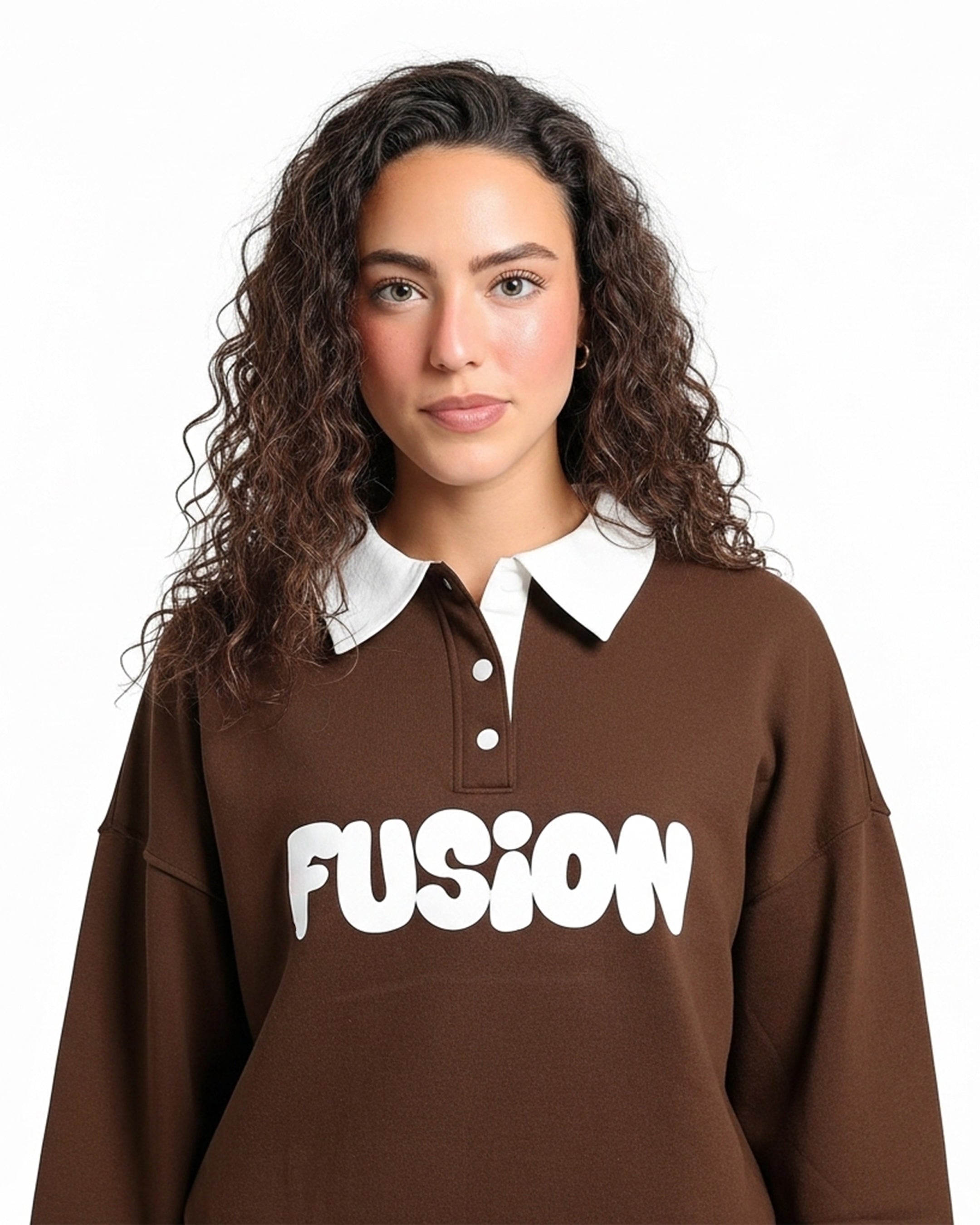 Fleece Polo Style Sweatshirt - FUSION - Brown