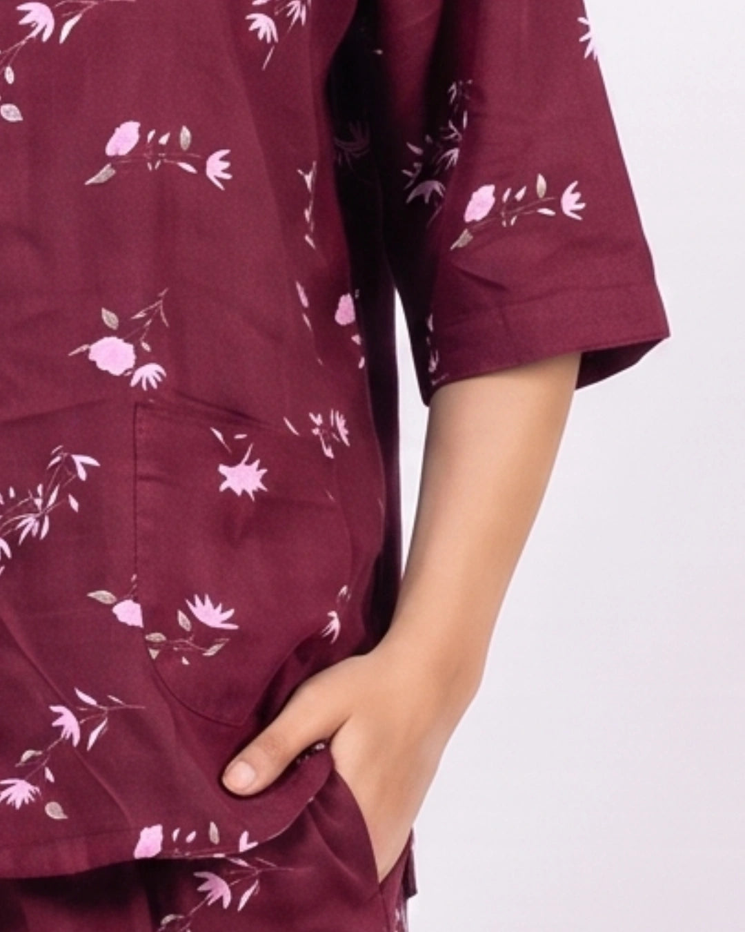 Linen Oversized PJ Set - Floral Breeze - Maroon