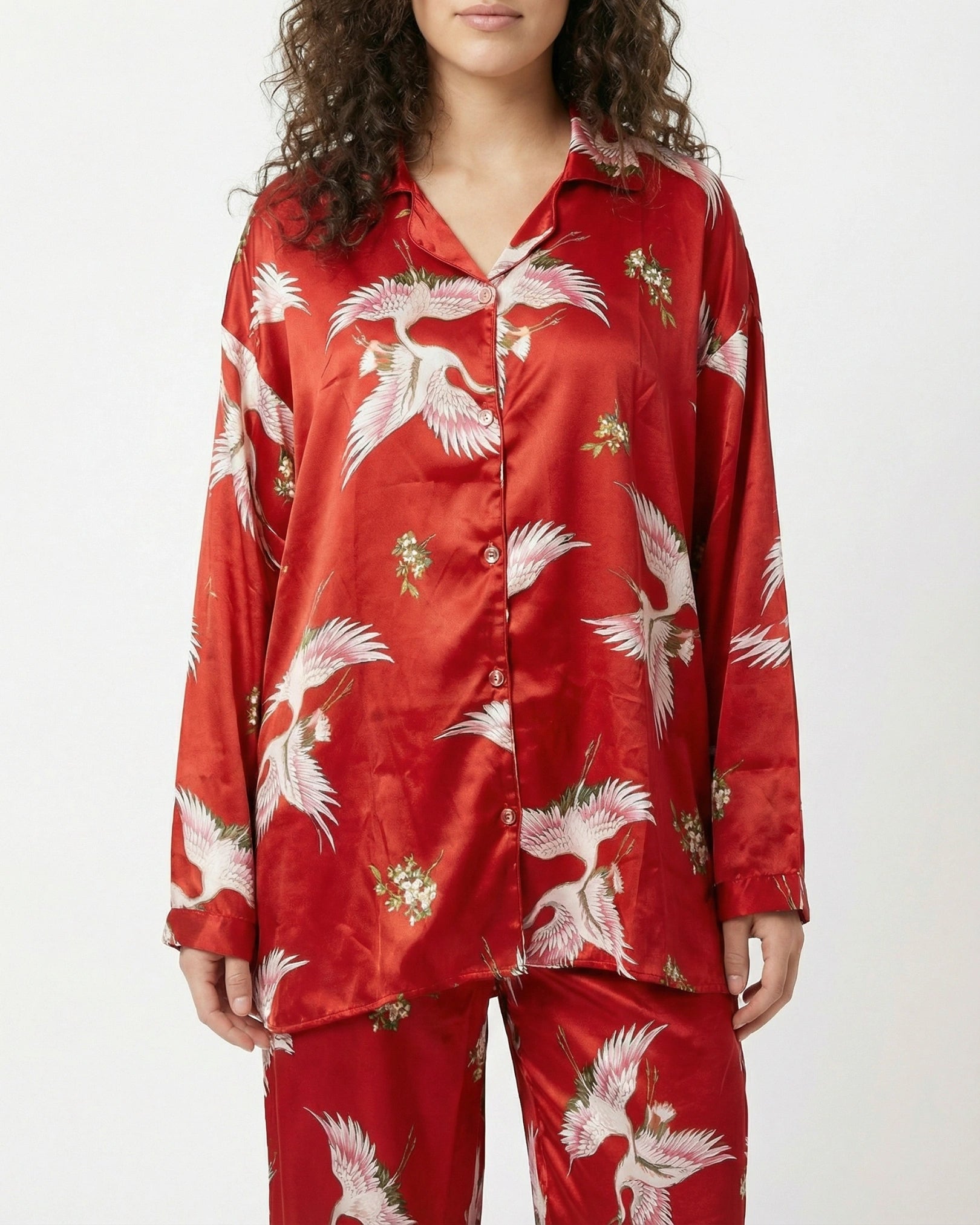 Oversized Silk Pajama Suit - Flamingo - Red