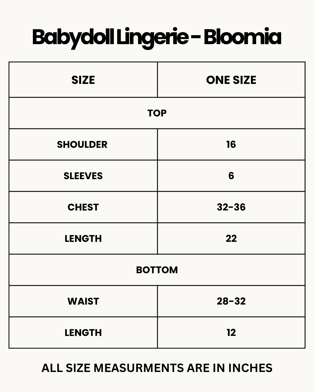 Size Chart for Babydoll Lingerie - Bloomia - Green