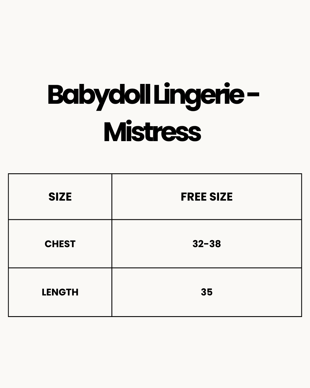 Size Chart for Babydoll Lingerie - Mistress - Black