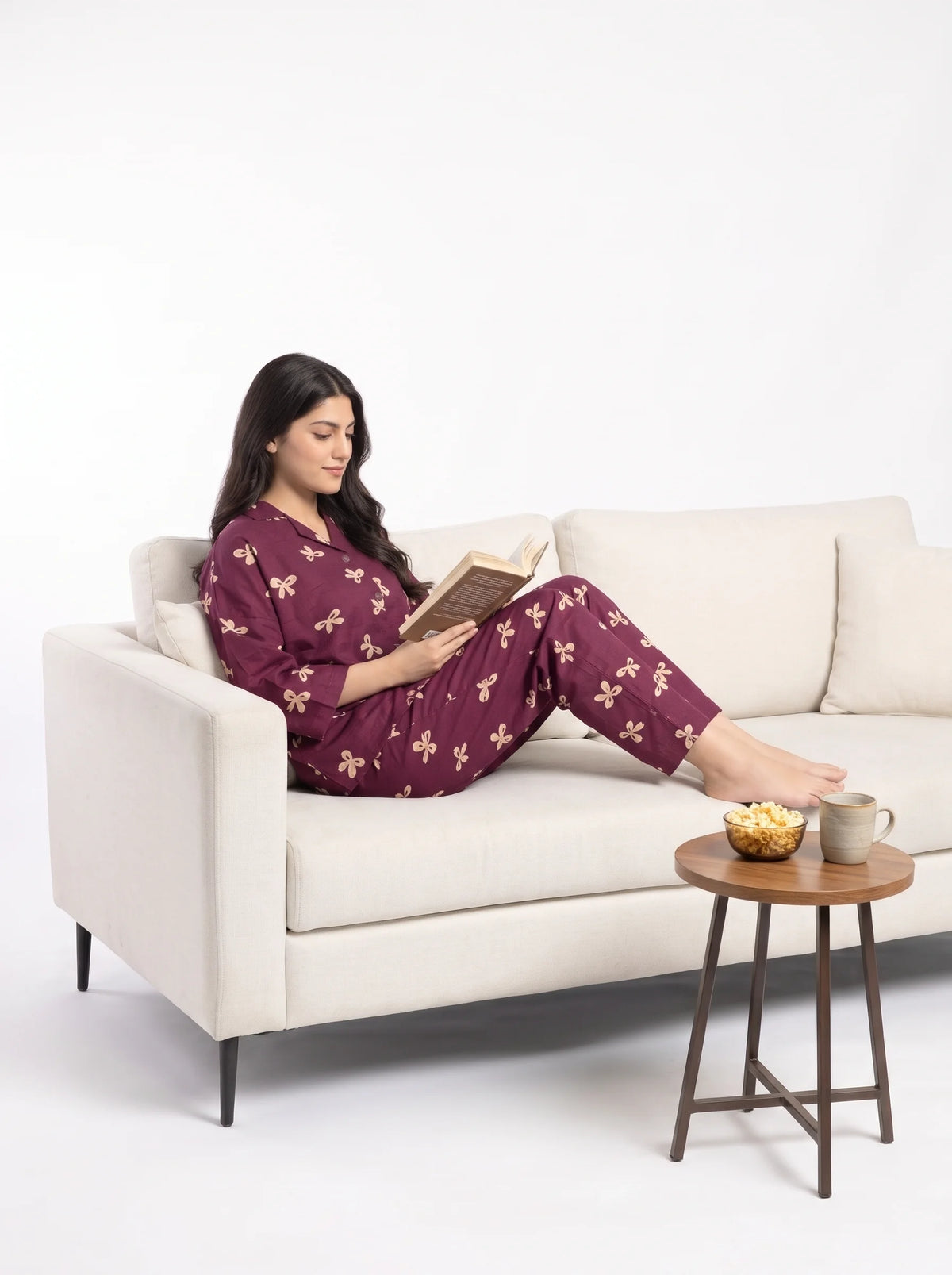 Drop Shoulder Linen PJ Set - Berry Bow