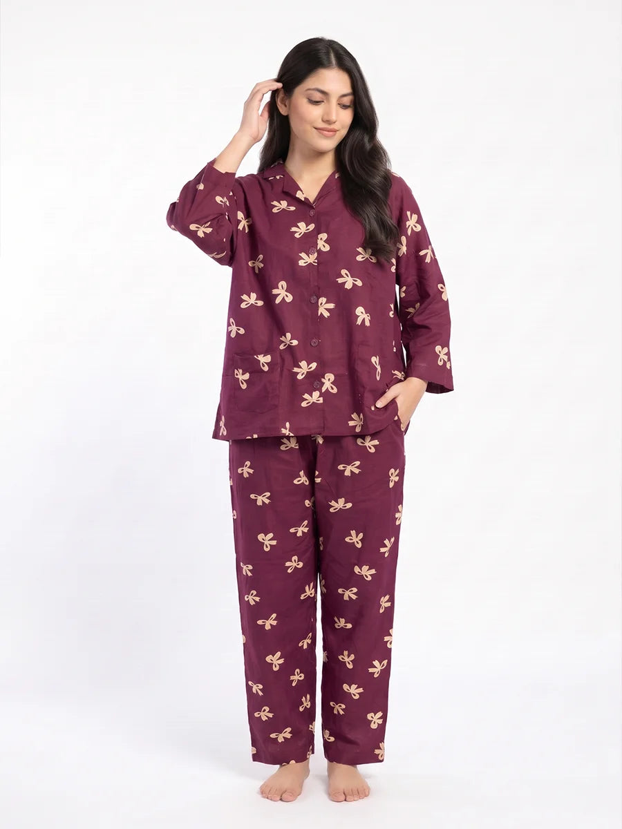 Drop Shoulder Linen PJ Set - Berry Bow