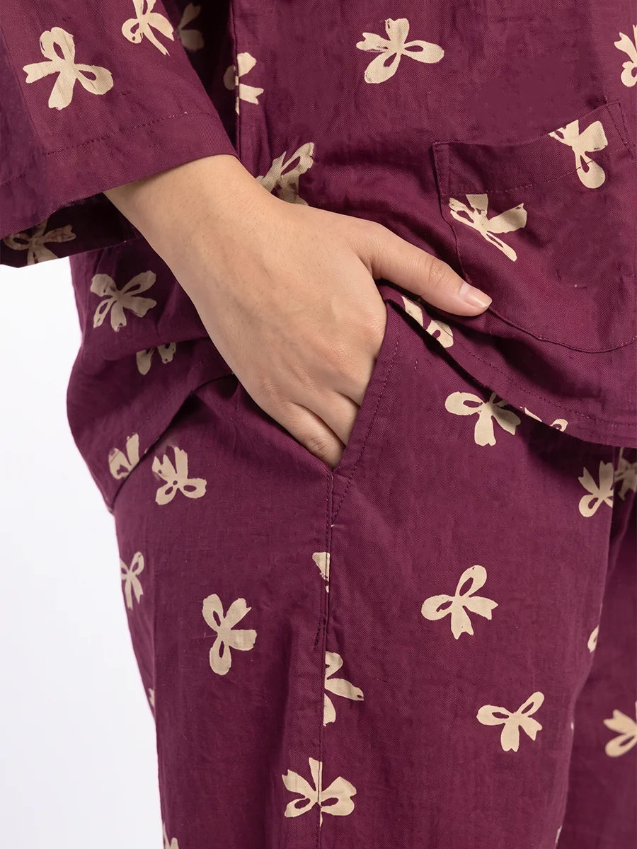 Drop Shoulder Linen PJ Set - Berry Bow