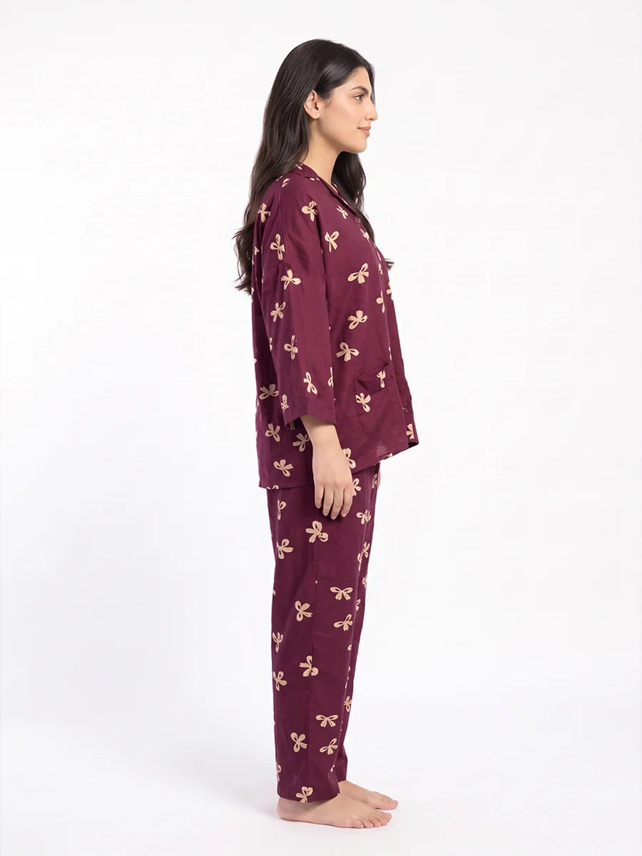Drop Shoulder Linen PJ Set - Berry Bow