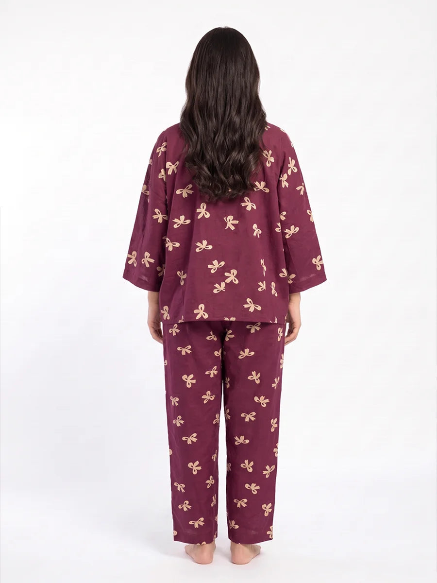 Drop Shoulder Linen PJ Set - Berry Bow