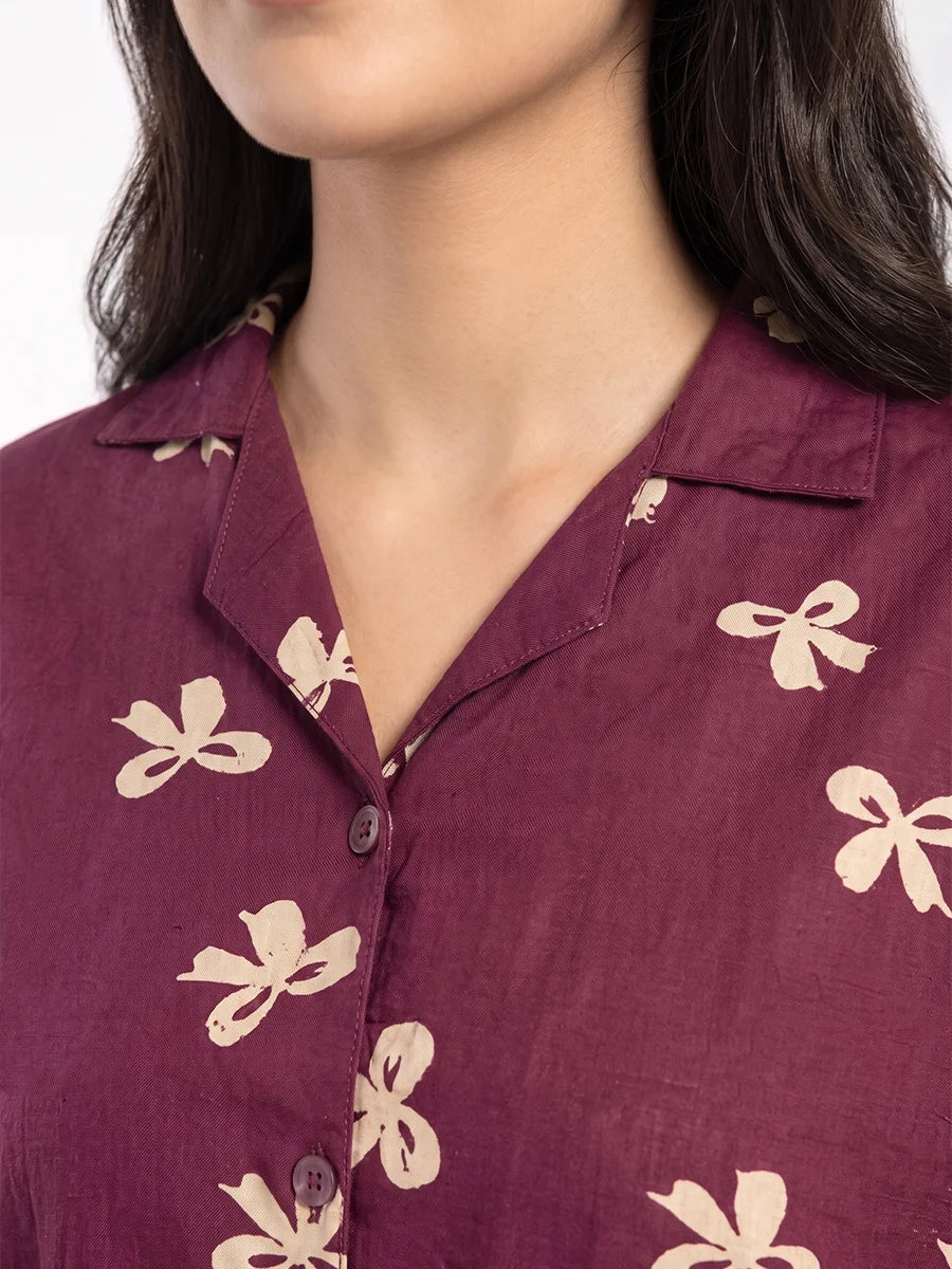 Drop Shoulder Linen PJ Set - Berry Bow