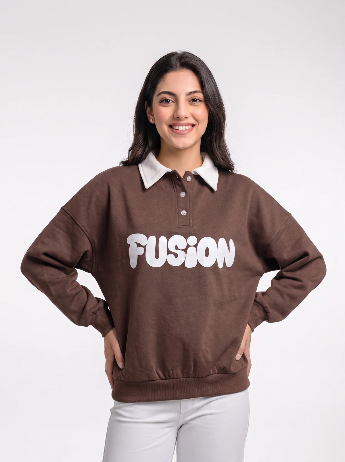 Fleece Polo Style Sweatshirt - FUSION - Brown