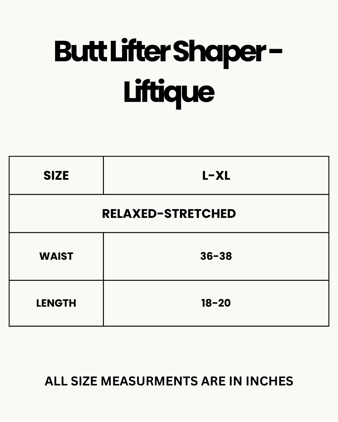 Size Chart for Butt Lifter Shaper -Liftique