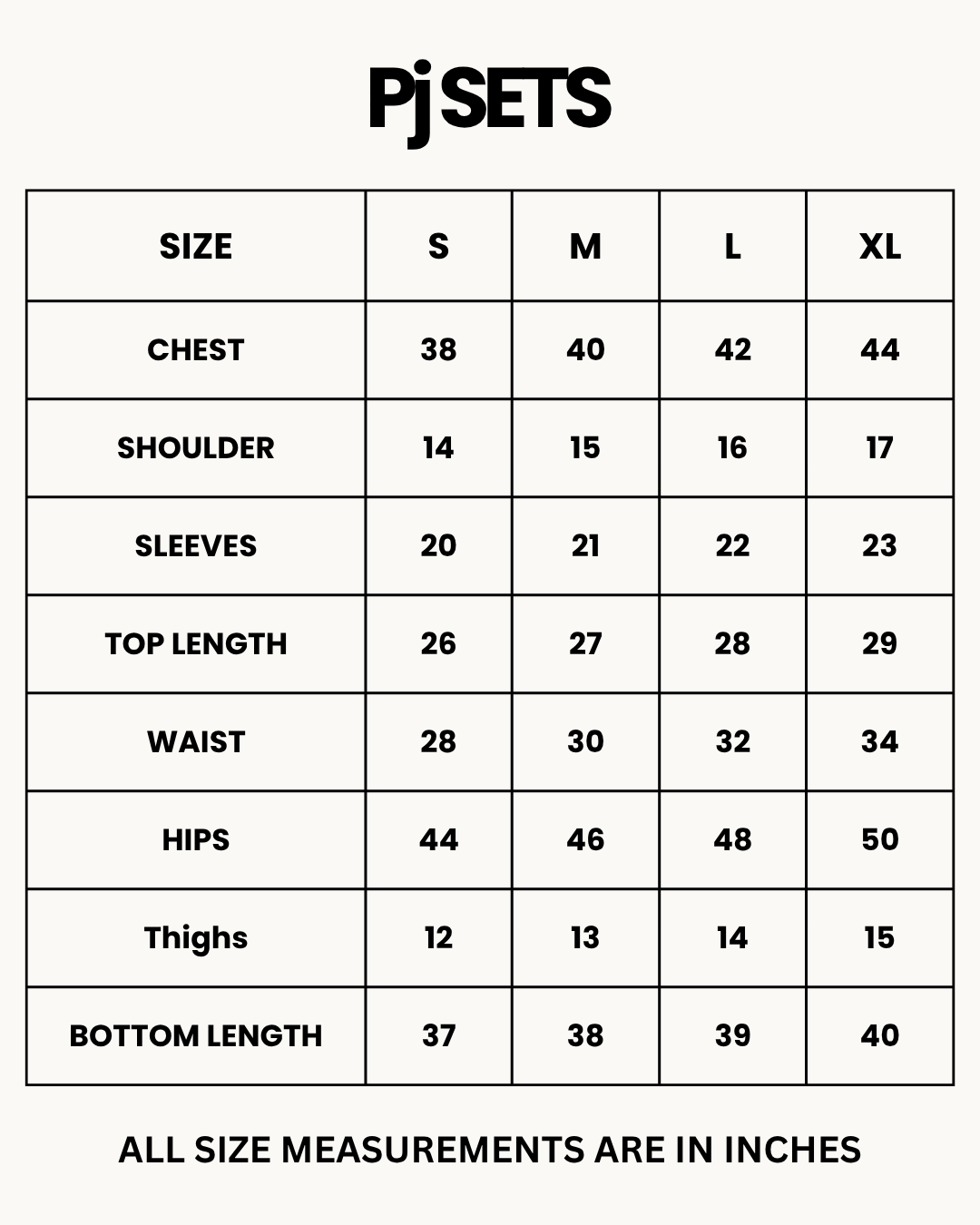 Size Chart for Cotton PJ Set - Floral Mint