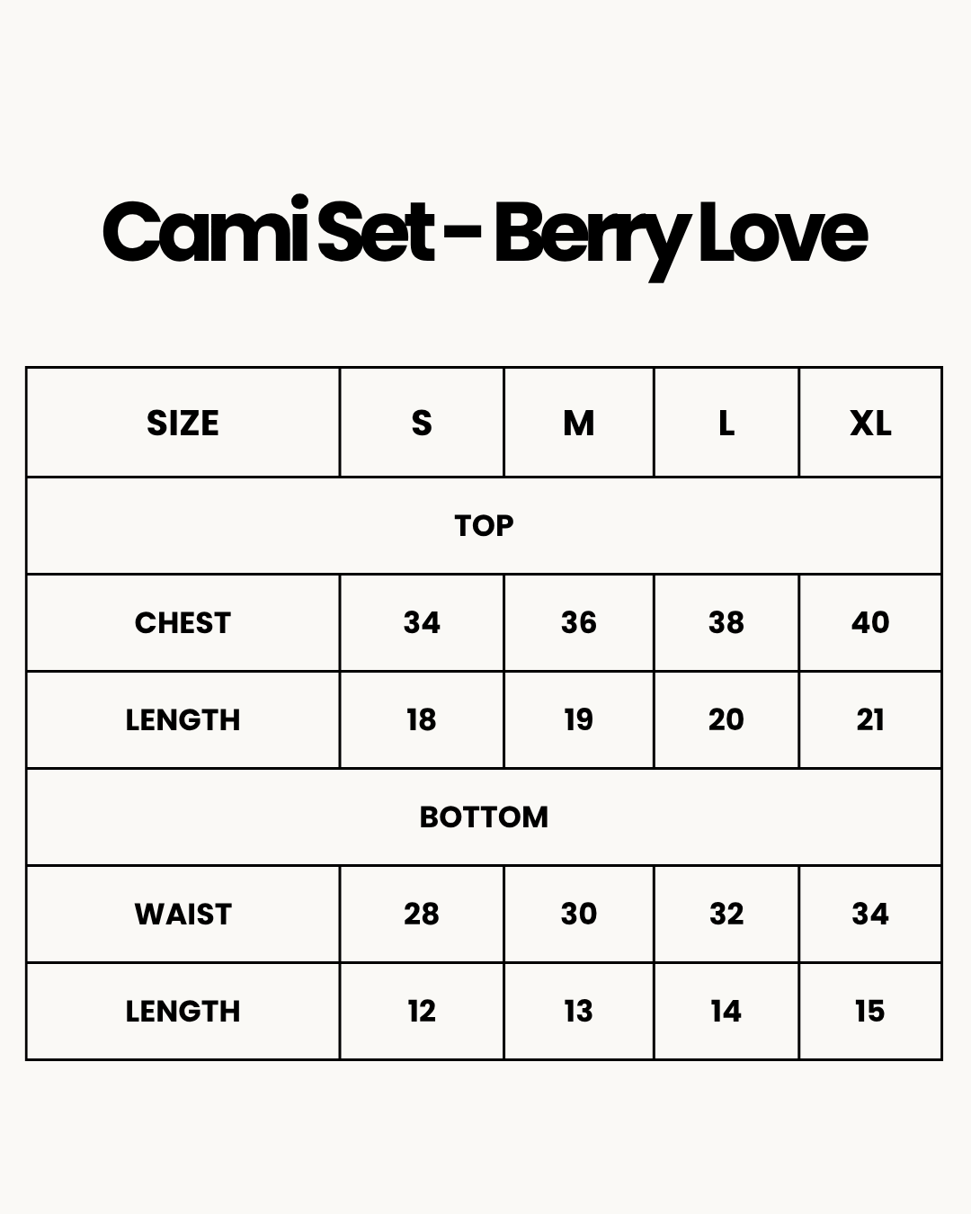 Size Chart for Cami Set - Berry Love