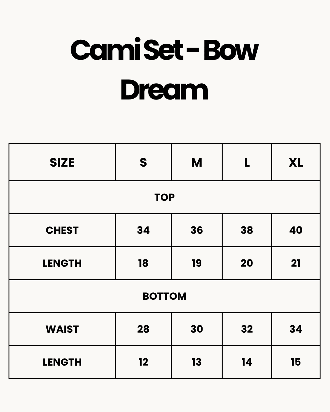 Size Chart for Cami Set - Bow Dream