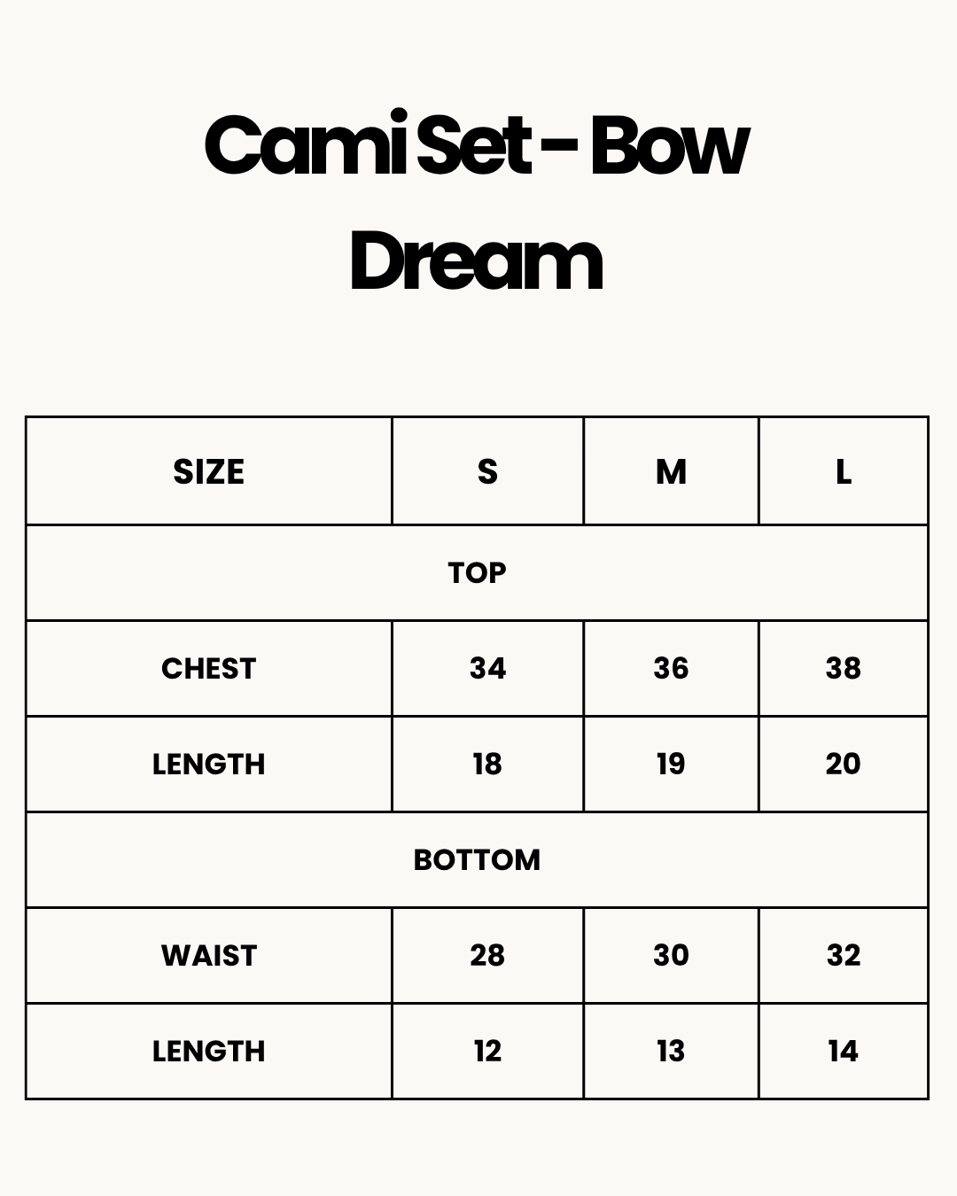 Size Chart for Cami Set - Bow Dream