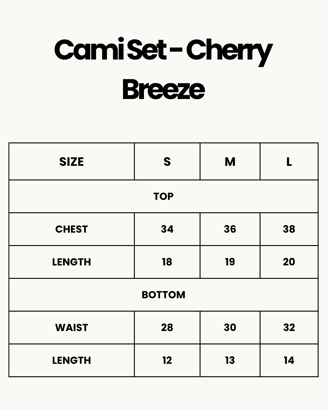 Size Chart for Cami Set - Cherry Breeze - White