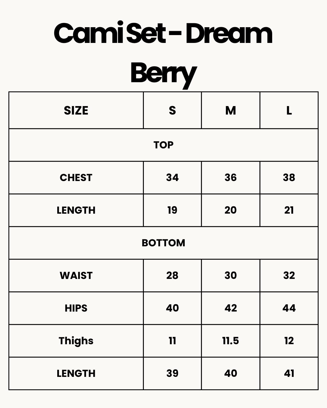 Size Chart for Cami Set - Dream Berry