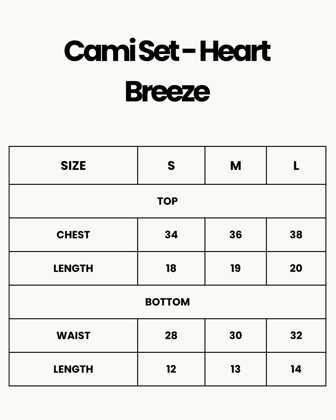 Size Chart for Cami Set - Heart Breeze