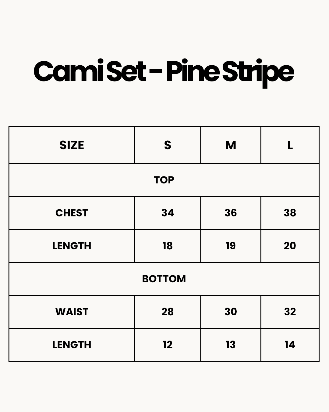 Size Chart for Cami Set - Pine Stripe