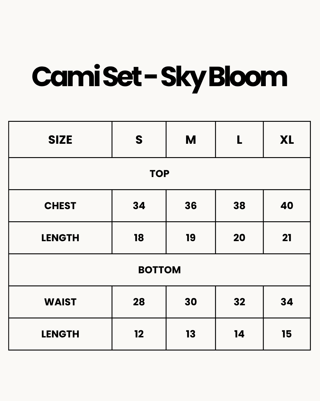Size Chart for Cami Set - Sky Bloom