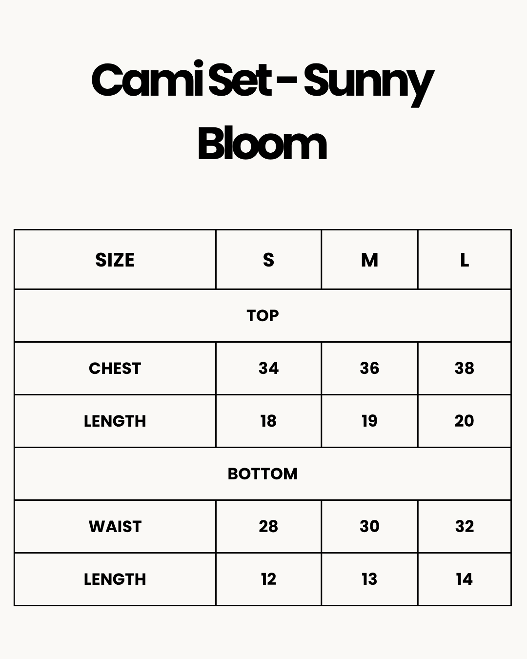 Size Chart for Cami Set - Sunny Bloom