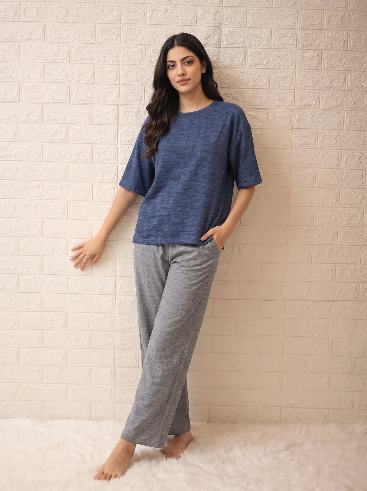 Drop Shoulder Cotton PJ Set - Casual Comfort - Blue