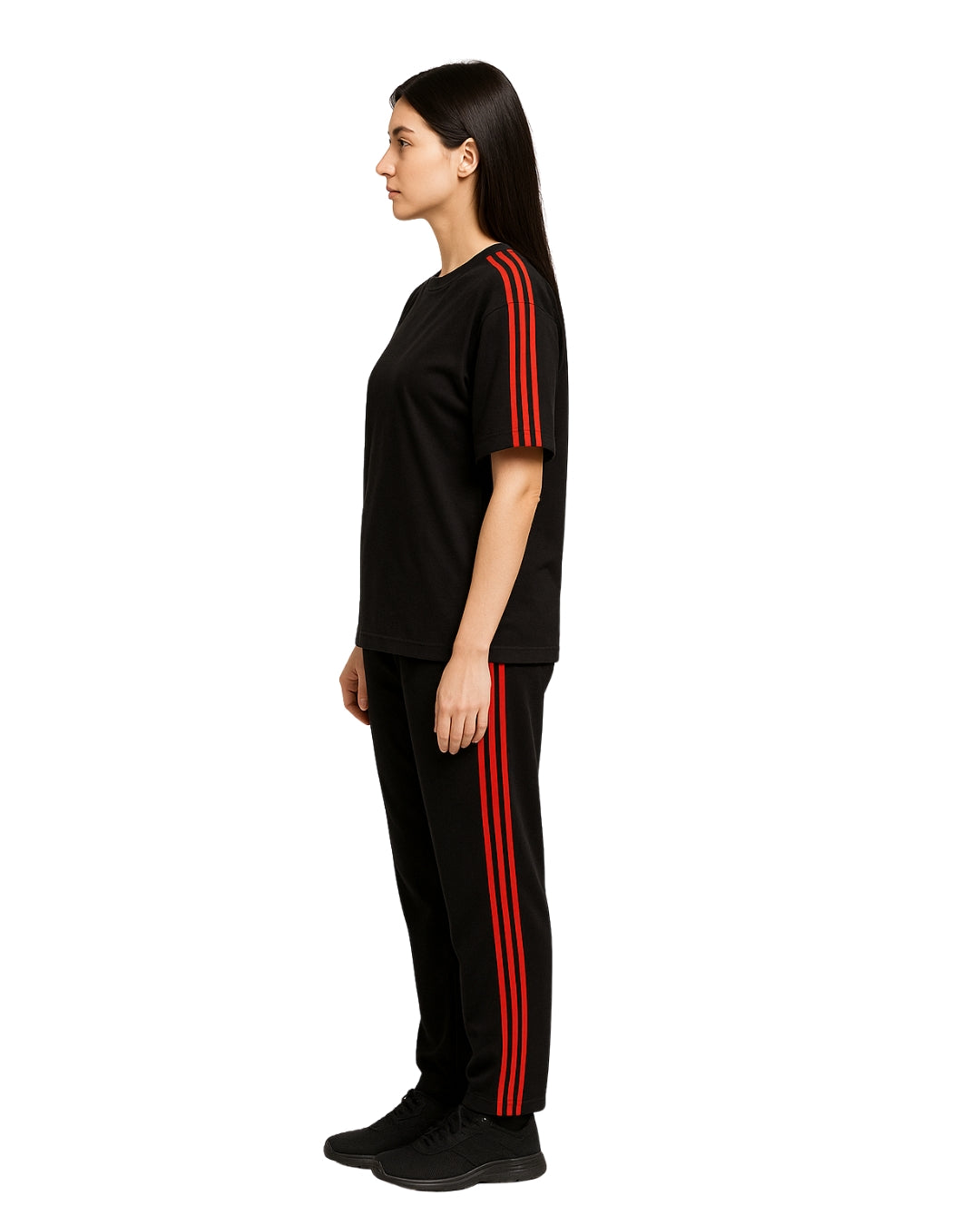 Person wearing a black outfit with red stripes on a white background