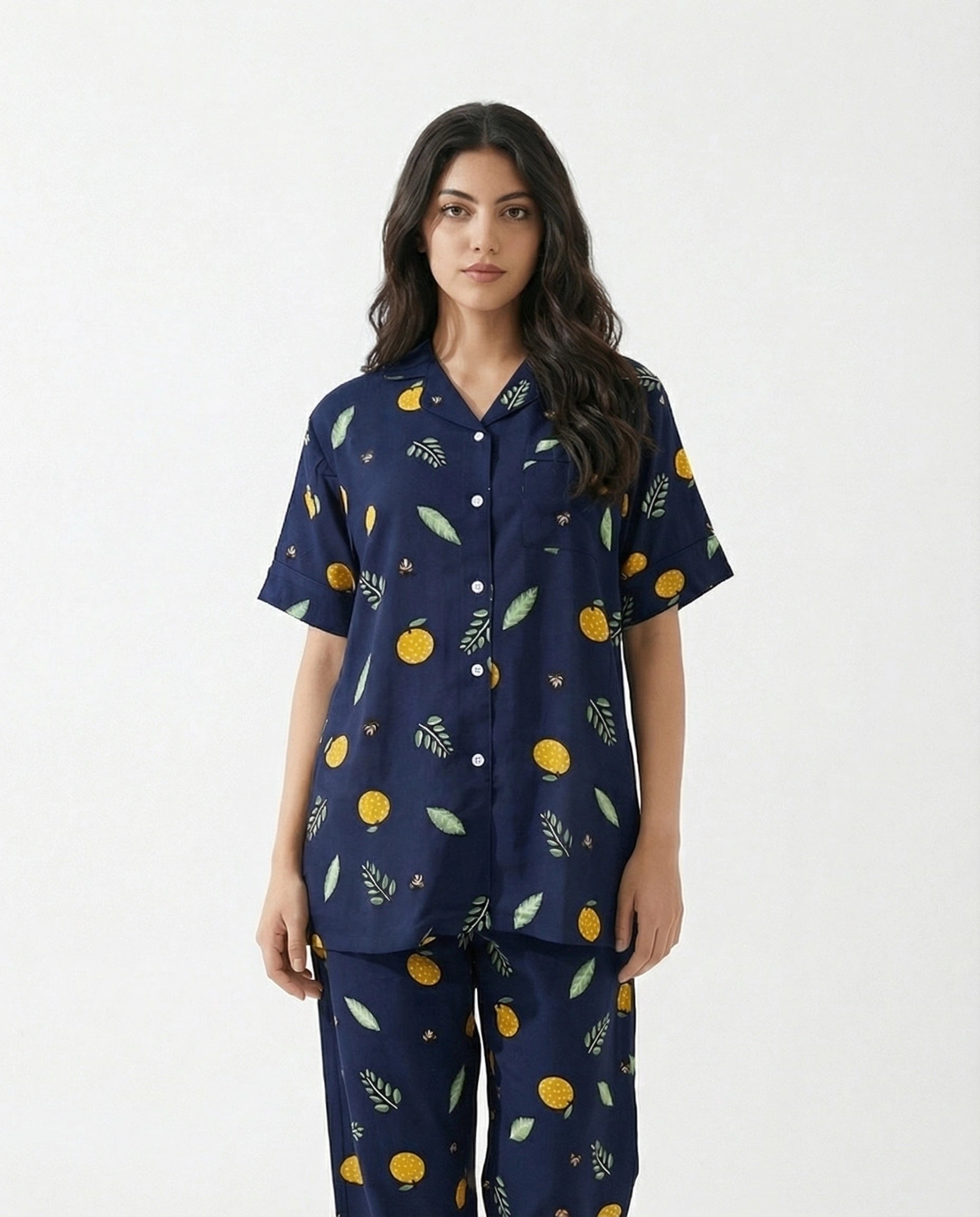 Linen Pajama Suit - Citrus Noir