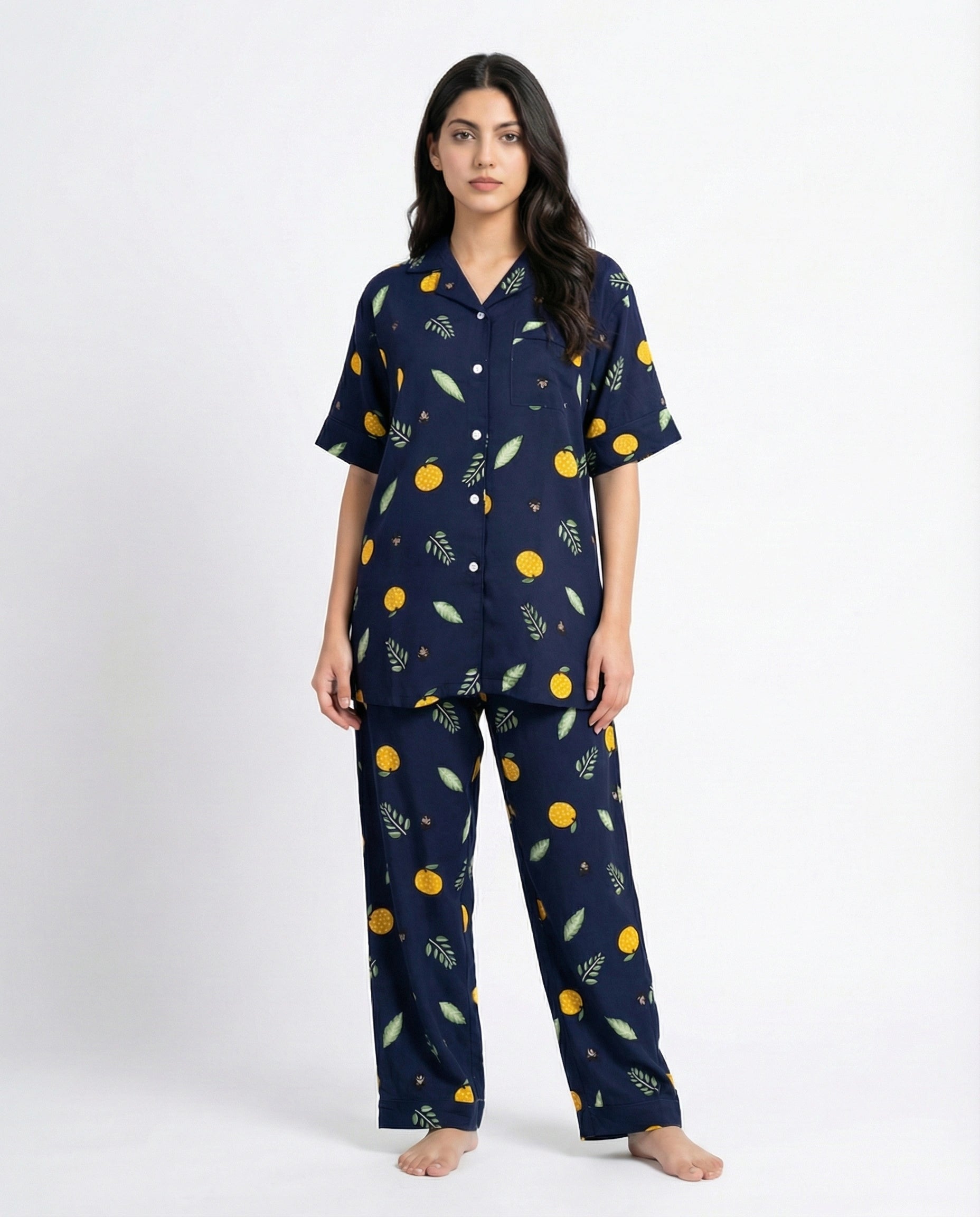 Linen Pajama Suit - Citrus Noir