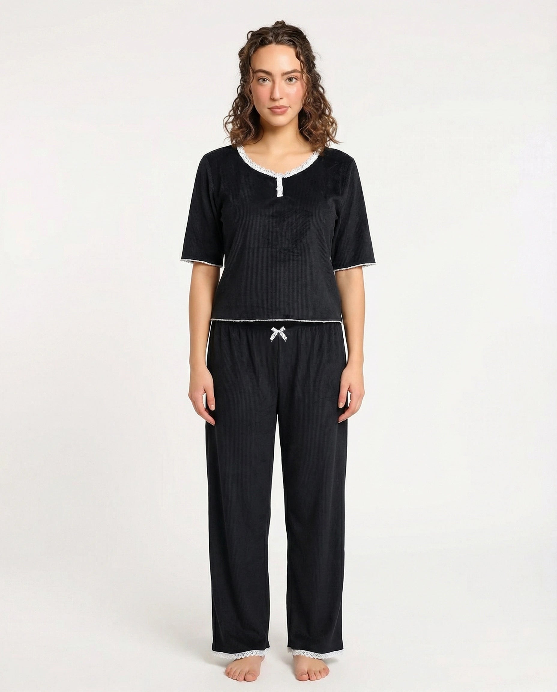 Textured Velvet PJ Set - Classic Lounge - Black