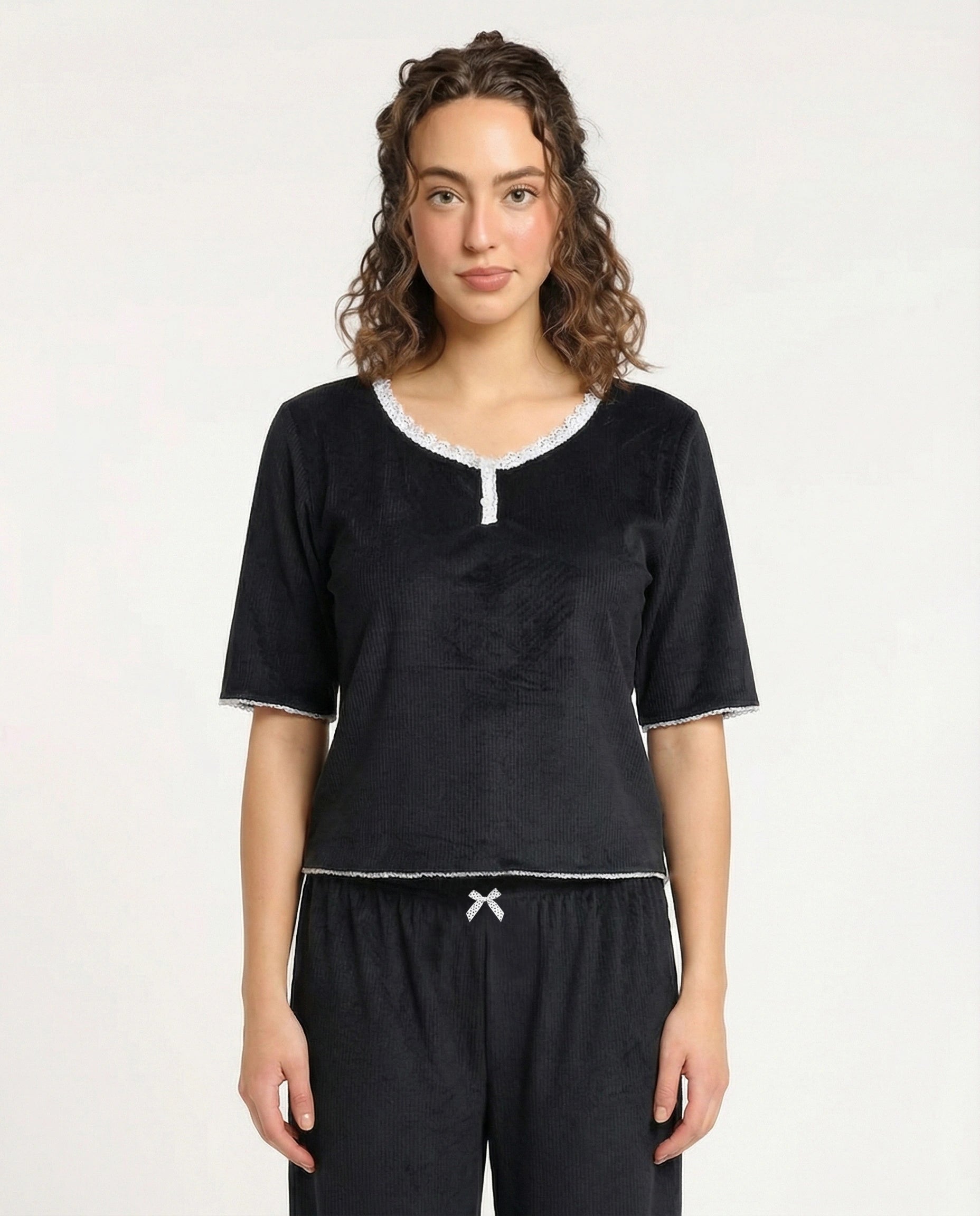 Textured Velvet PJ Set - Classic Lounge - Black