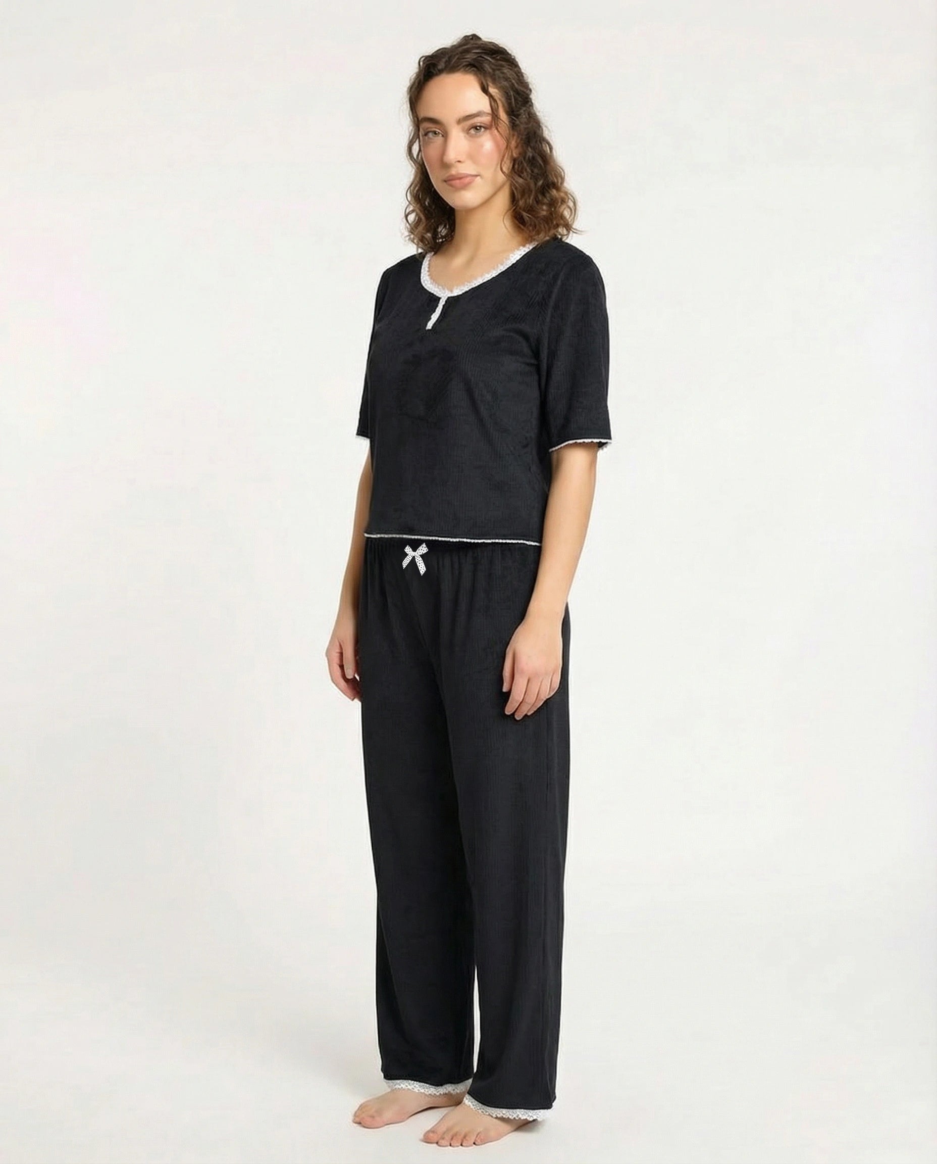 Textured Velvet PJ Set - Classic Lounge - Black