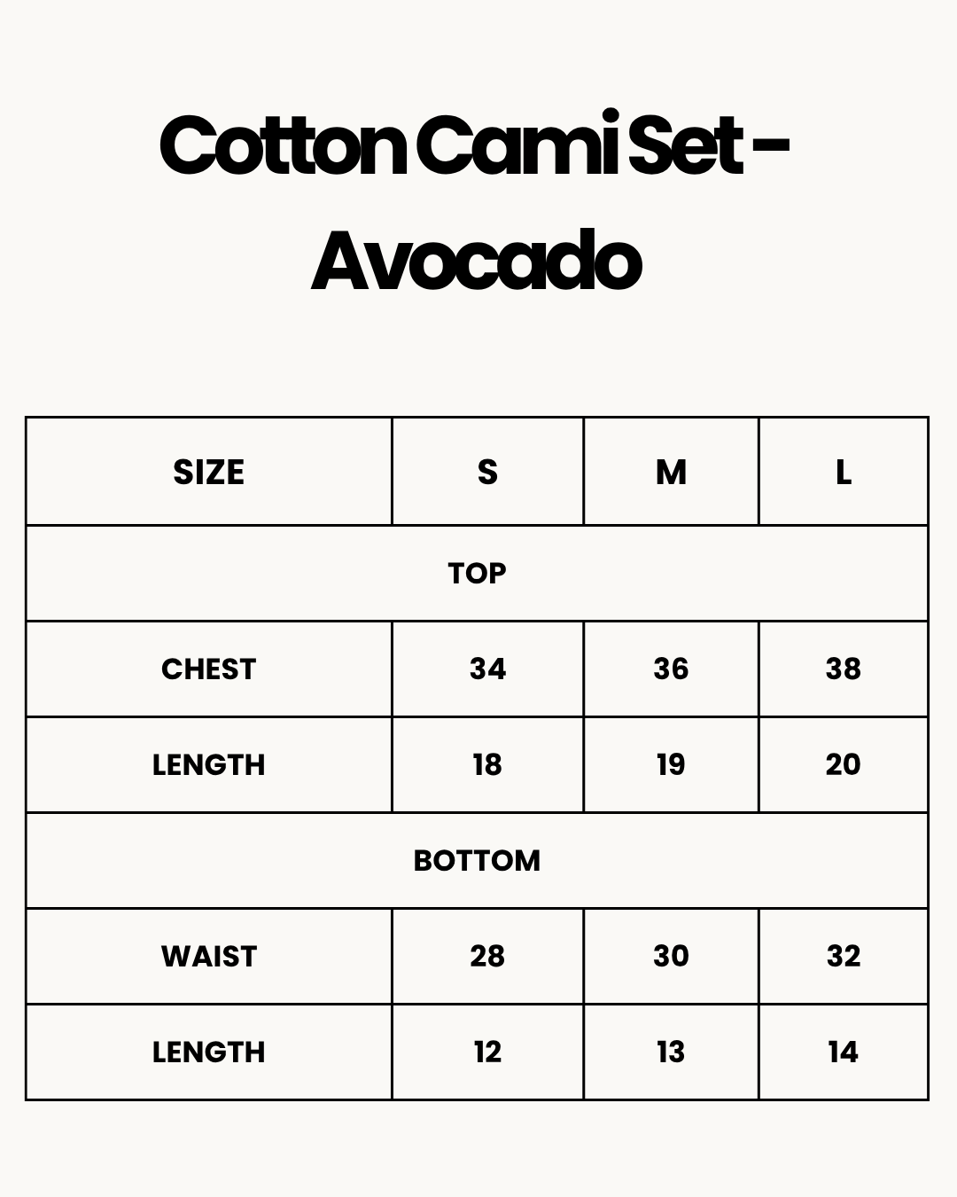 Size Chart for Cotton Cami Set - Avocado