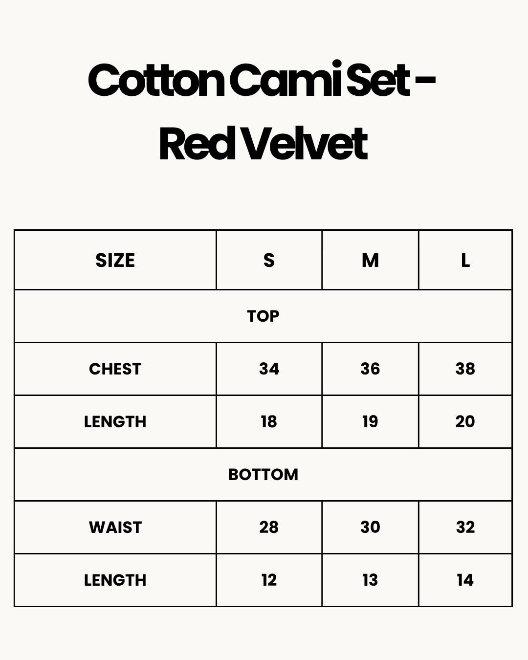 Size Chart for Cotton Cami Set - Red Velvet