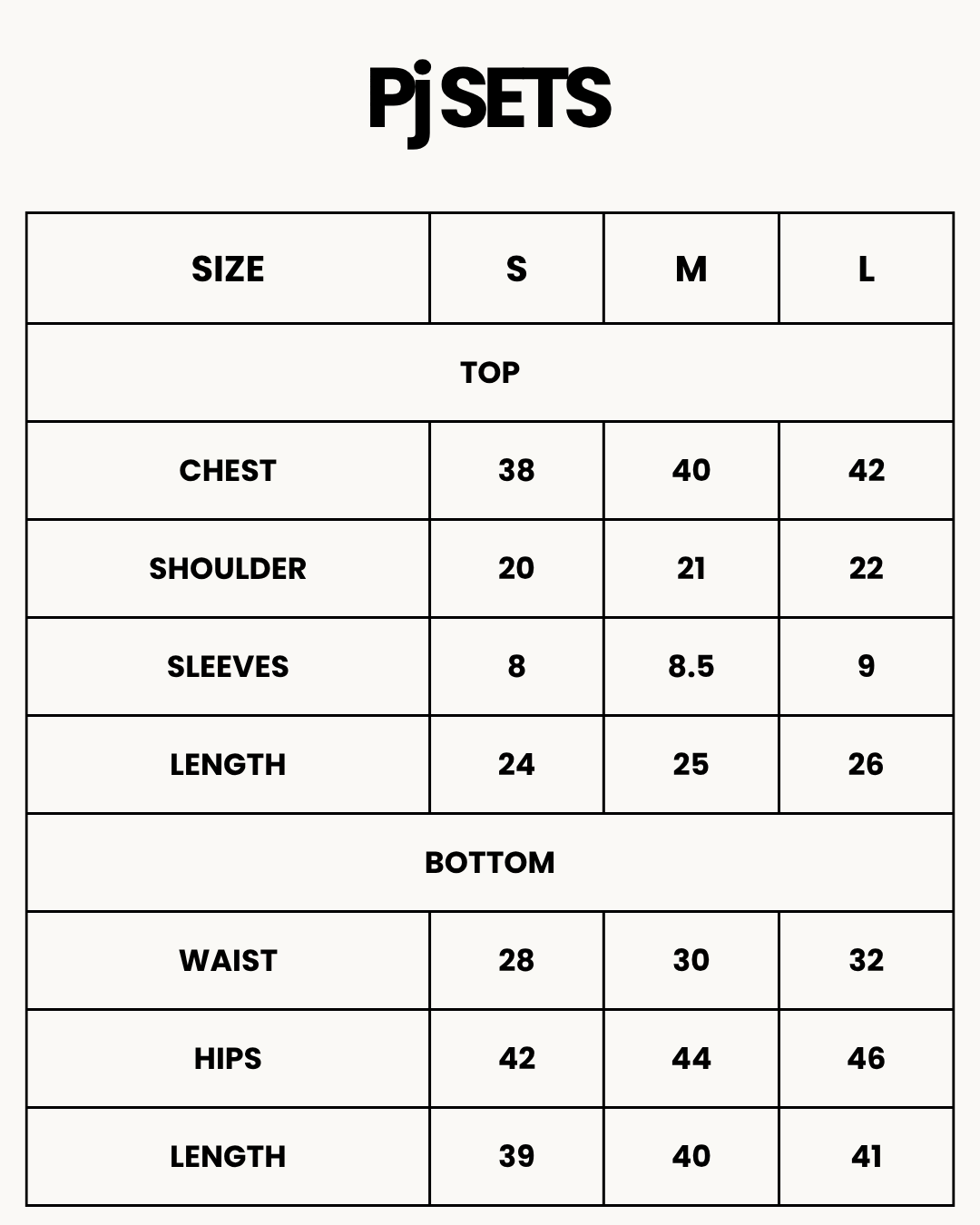 Size Chart for Cotton PJ Set -Flex fit