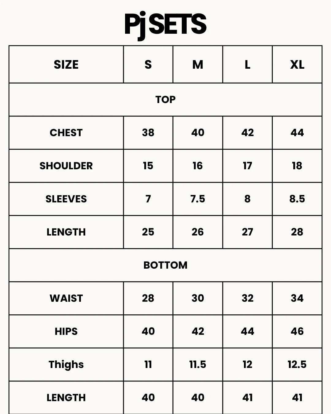 Size Chart for Cotton PJ Set - Classic Stripe